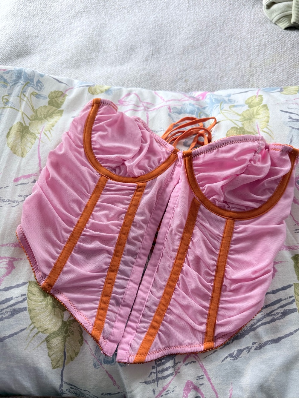 Urban Outfitters Pink Ruched Corset Bustier with Orange Trim
